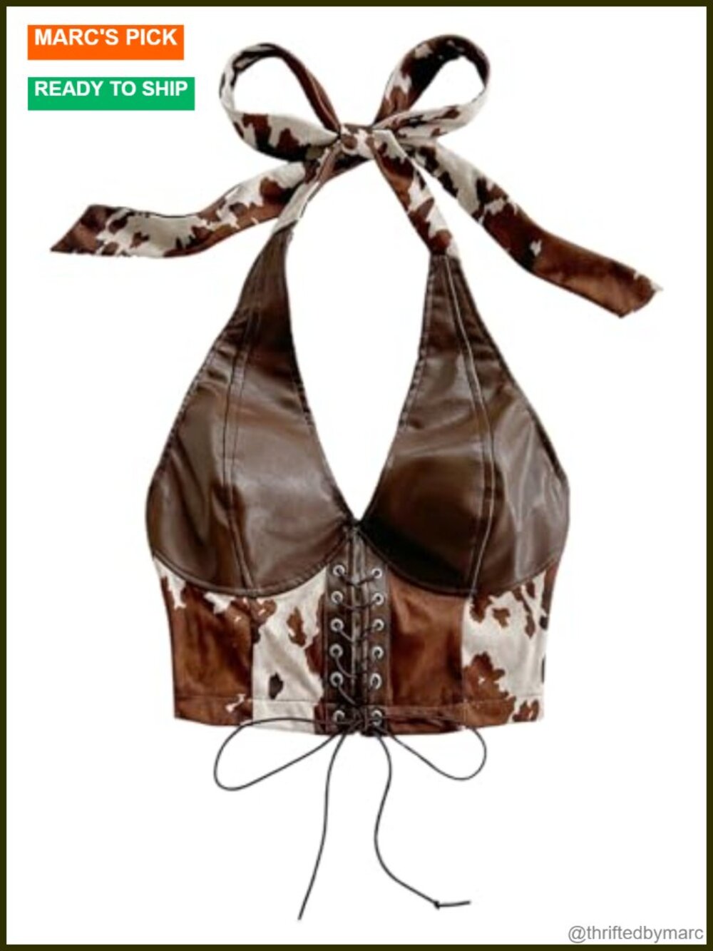 Faux Leather Cow Print Halter Crop Top Backless Women's Tank